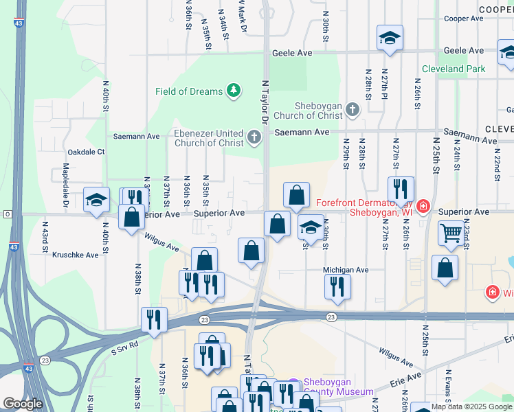 map of restaurants, bars, coffee shops, grocery stores, and more near 3234 Superior Avenue in Sheboygan