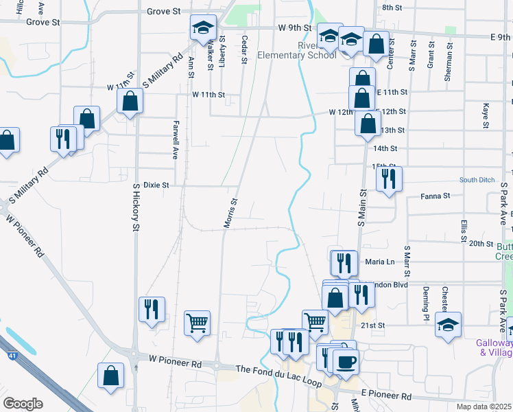 map of restaurants, bars, coffee shops, grocery stores, and more near 44 Donohue Court in Fond du Lac