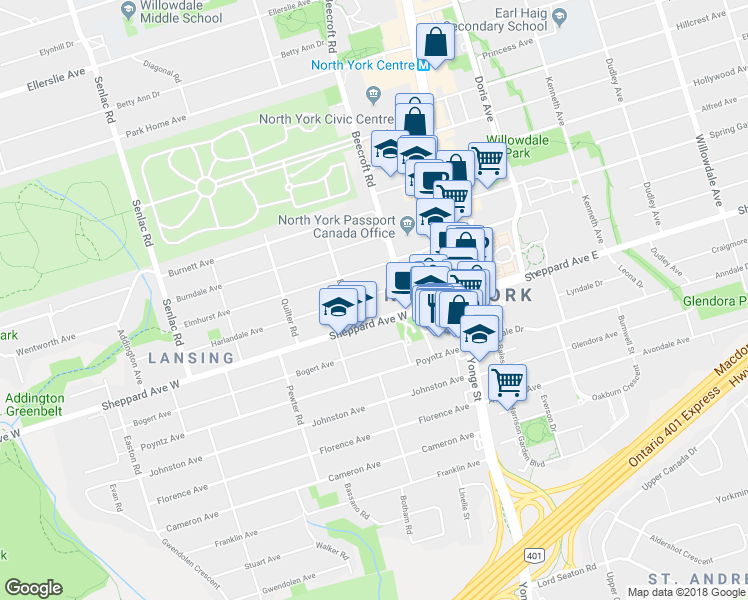 map of restaurants, bars, coffee shops, grocery stores, and more near 69 Harlandale Avenue in Toronto