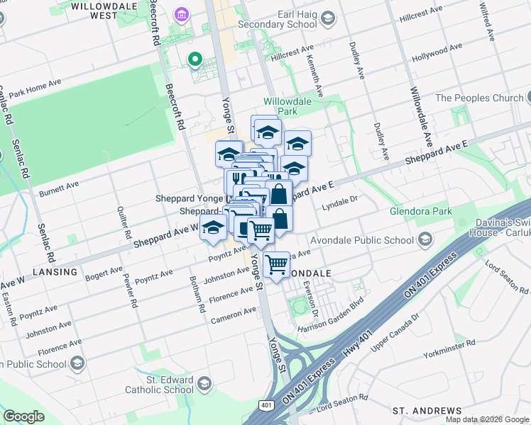 map of restaurants, bars, coffee shops, grocery stores, and more near in Toronto