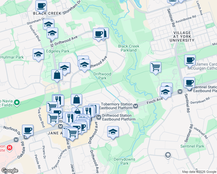 map of restaurants, bars, coffee shops, grocery stores, and more near 36 Tobermory Drive in Toronto