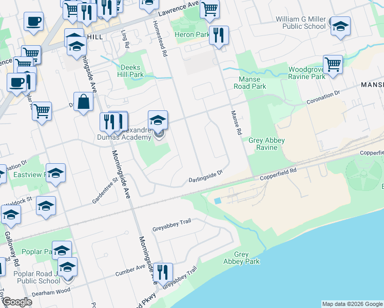 map of restaurants, bars, coffee shops, grocery stores, and more near 32 Homestead Road in Toronto
