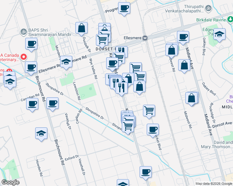 map of restaurants, bars, coffee shops, grocery stores, and more near 1346 Kennedy Road in Toronto