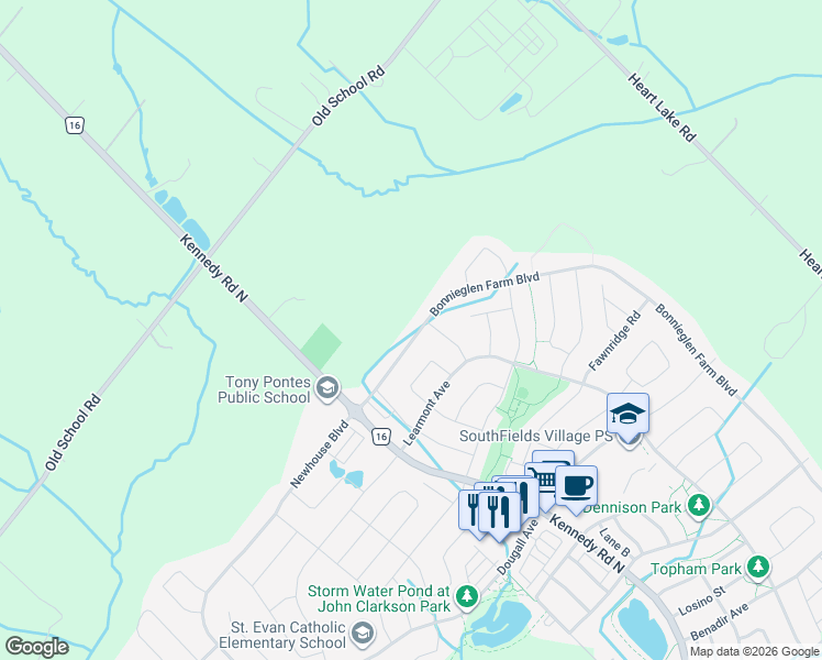 map of restaurants, bars, coffee shops, grocery stores, and more near 85 Bonnieglen Farm Boulevard in Caledon