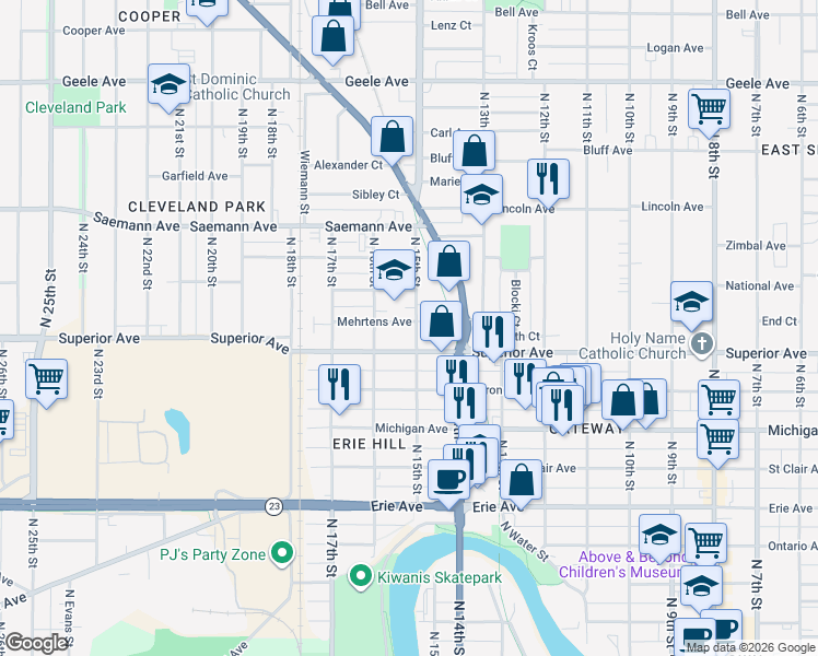 map of restaurants, bars, coffee shops, grocery stores, and more near 1436 Superior Avenue in Sheboygan