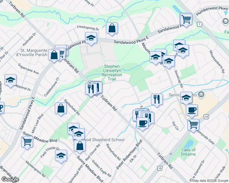map of restaurants, bars, coffee shops, grocery stores, and more near 25 Adirondack Crescent in Brampton