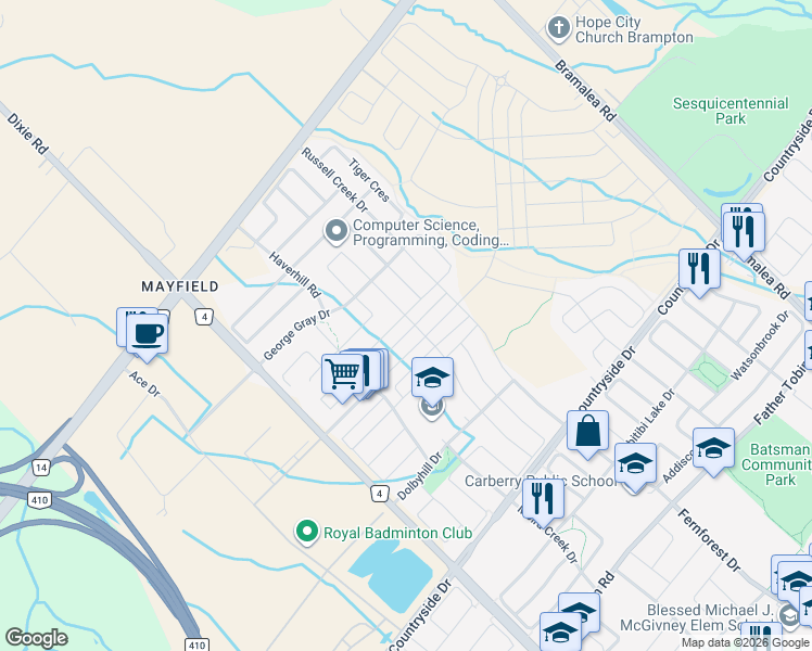 map of restaurants, bars, coffee shops, grocery stores, and more near in Brampton