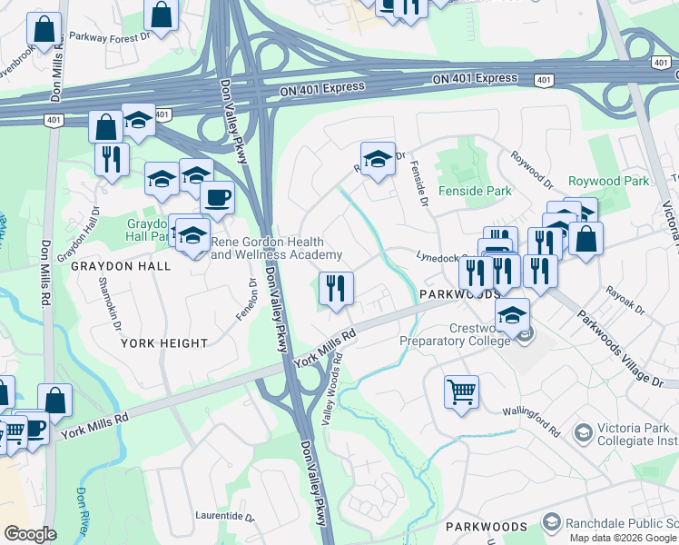 map of restaurants, bars, coffee shops, grocery stores, and more near 2 Lynedock Crescent in Toronto