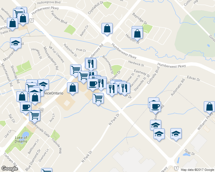 map of restaurants, bars, coffee shops, grocery stores, and more near 21 Murphy Road in Brampton
