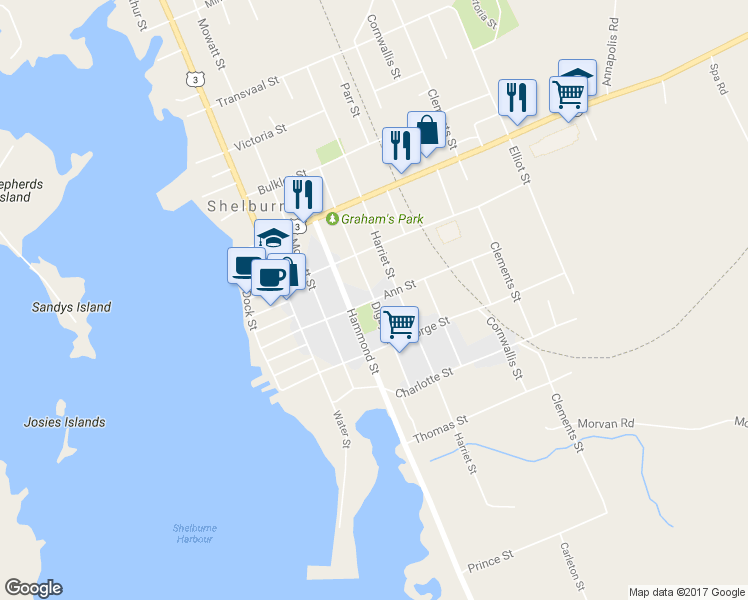 map of restaurants, bars, coffee shops, grocery stores, and more near Ann Street in Shelburne