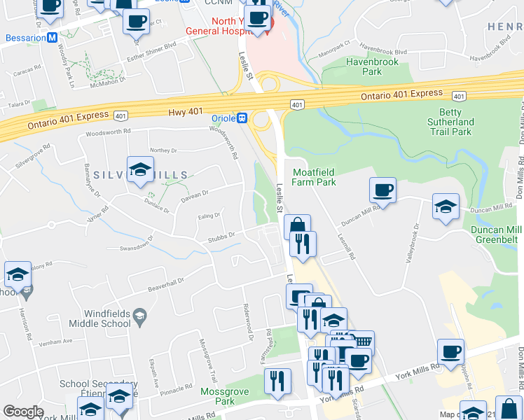 map of restaurants, bars, coffee shops, grocery stores, and more near 44 Stubbs Drive in Toronto