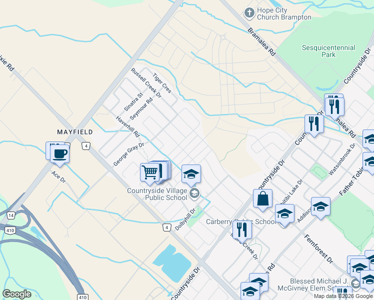 map of restaurants, bars, coffee shops, grocery stores, and more near in Brampton