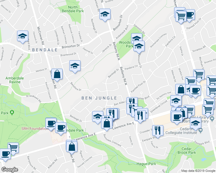 map of restaurants, bars, coffee shops, grocery stores, and more near 117 Benleigh Drive in Toronto