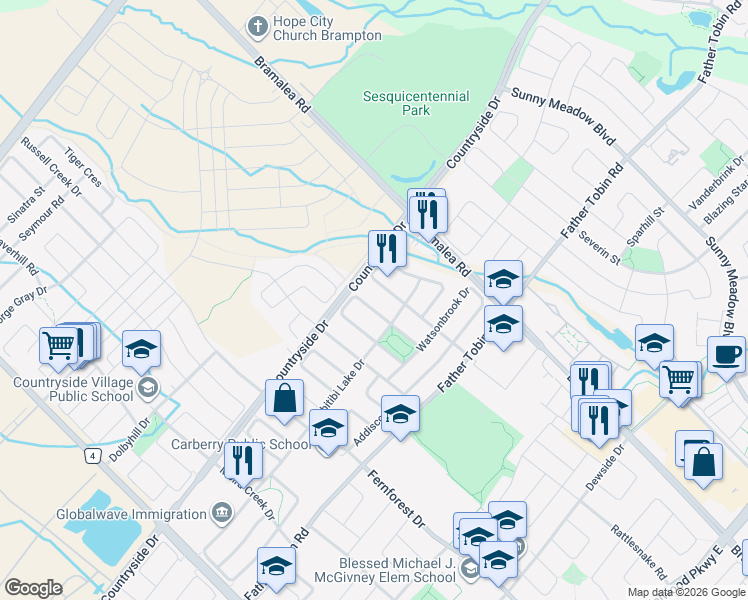 map of restaurants, bars, coffee shops, grocery stores, and more near 20 Gower Crescent in Brampton