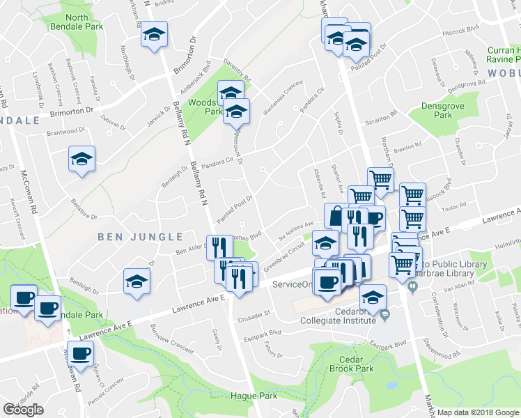 map of restaurants, bars, coffee shops, grocery stores, and more near 35 Sedgemount Drive in Toronto