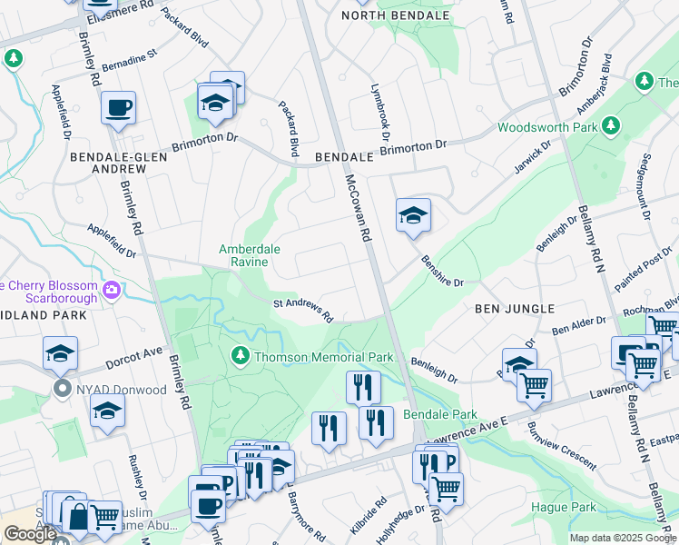 map of restaurants, bars, coffee shops, grocery stores, and more near 16 Meldazy Drive in Toronto