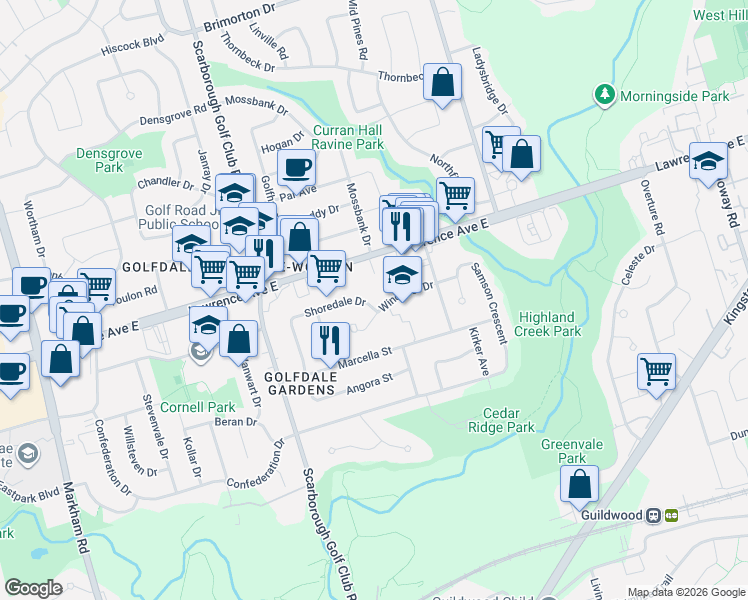 map of restaurants, bars, coffee shops, grocery stores, and more near 86 Shoredale Drive in Toronto