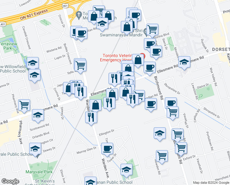 map of restaurants, bars, coffee shops, grocery stores, and more near 451 Ellesmere Road in Toronto