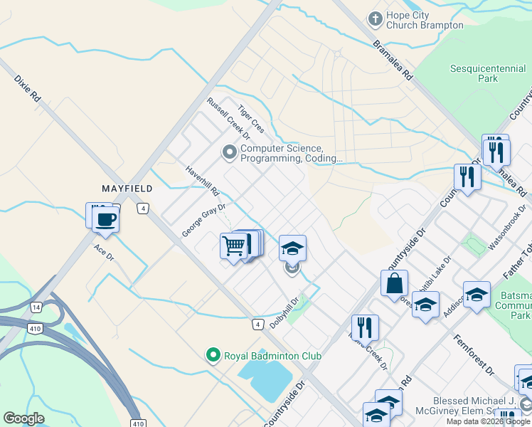 map of restaurants, bars, coffee shops, grocery stores, and more near 44 Yellowknife Road in Brampton