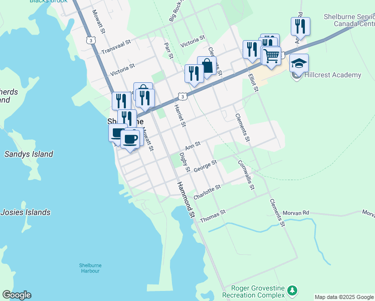 map of restaurants, bars, coffee shops, grocery stores, and more near 45 Ann Street in Shelburne