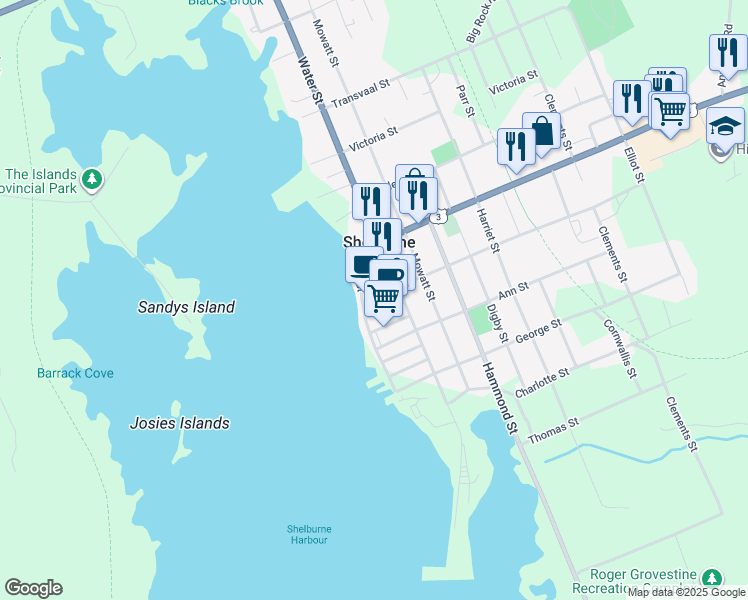 map of restaurants, bars, coffee shops, grocery stores, and more near 13 John Street in Shelburne