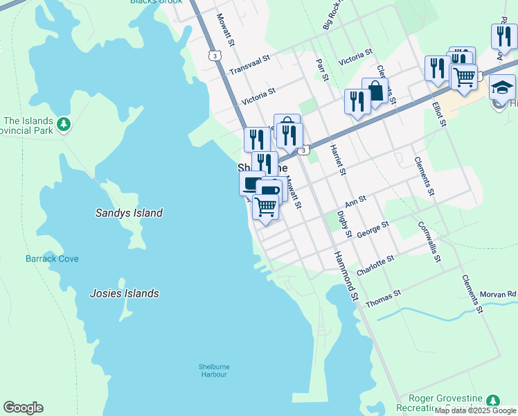 map of restaurants, bars, coffee shops, grocery stores, and more near 13 John Street in Shelburne