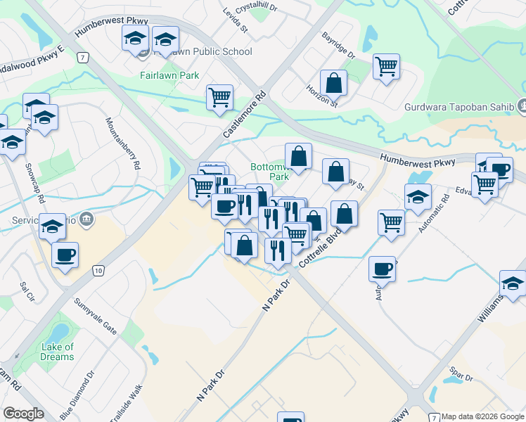 map of restaurants, bars, coffee shops, grocery stores, and more near 14 Murphy Road in Brampton