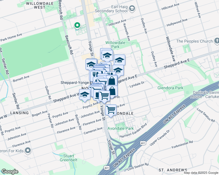 map of restaurants, bars, coffee shops, grocery stores, and more near 23 Sheppard Avenue East in Toronto