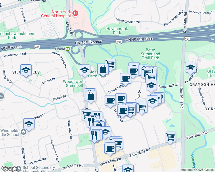 map of restaurants, bars, coffee shops, grocery stores, and more near in Toronto