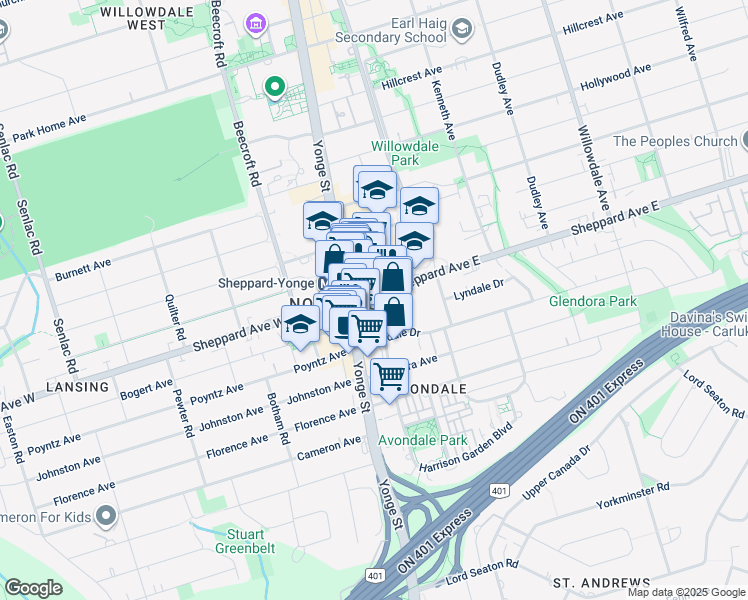 map of restaurants, bars, coffee shops, grocery stores, and more near 5 Sheppard Avenue East in Toronto