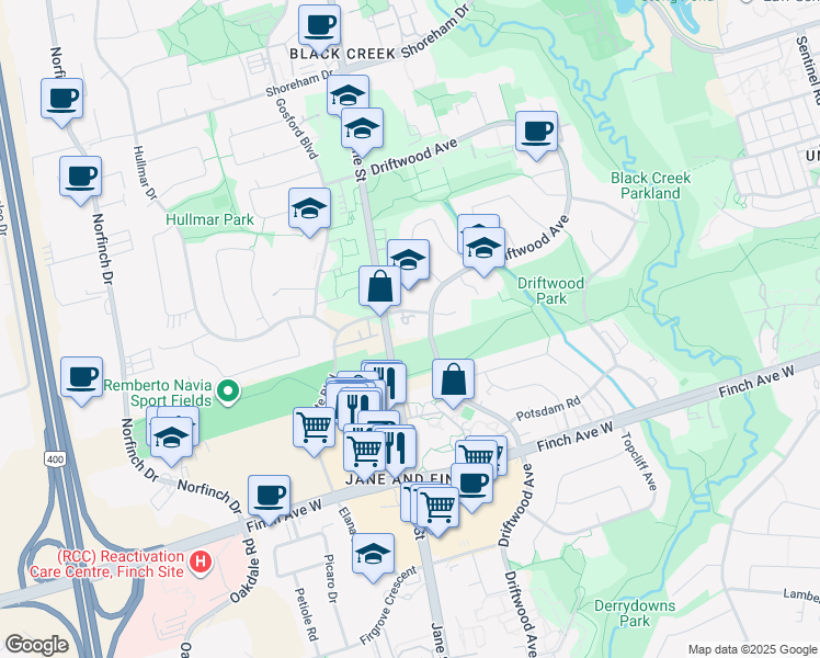 map of restaurants, bars, coffee shops, grocery stores, and more near 25 Stong Court in Toronto