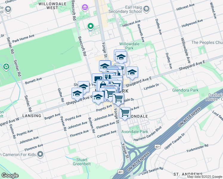 map of restaurants, bars, coffee shops, grocery stores, and more near in Toronto