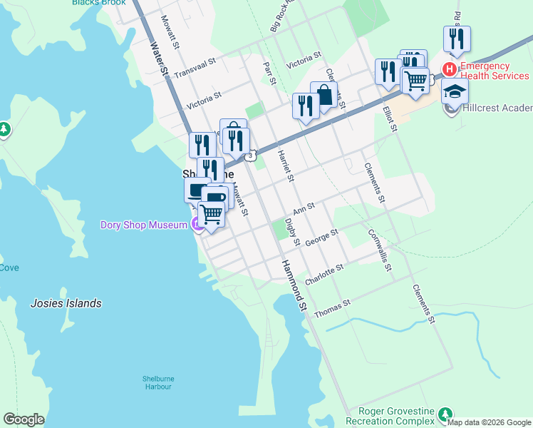 map of restaurants, bars, coffee shops, grocery stores, and more near Hammond Street in Shelburne