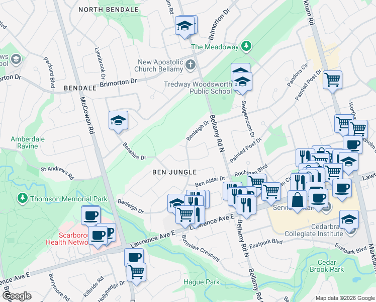 map of restaurants, bars, coffee shops, grocery stores, and more near 117 Benleigh Drive in Toronto