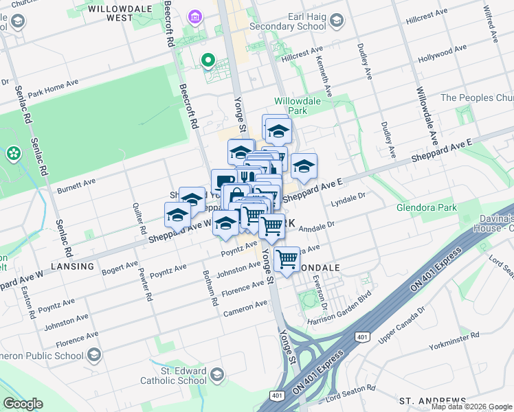 map of restaurants, bars, coffee shops, grocery stores, and more near 4802 Yonge Street in Toronto
