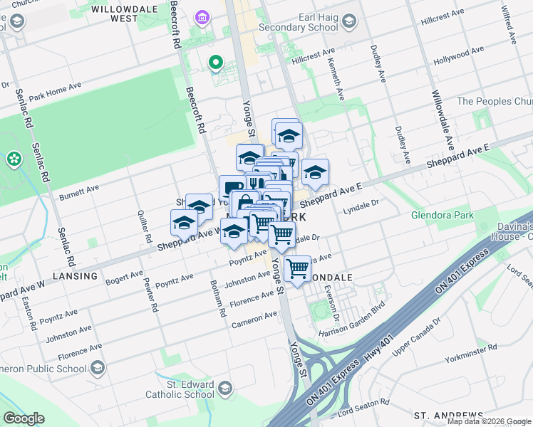 map of restaurants, bars, coffee shops, grocery stores, and more near 5 Sheppard Avenue East in Toronto
