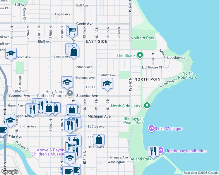 map of restaurants, bars, coffee shops, grocery stores, and more near 1510 North 5th Street in Sheboygan