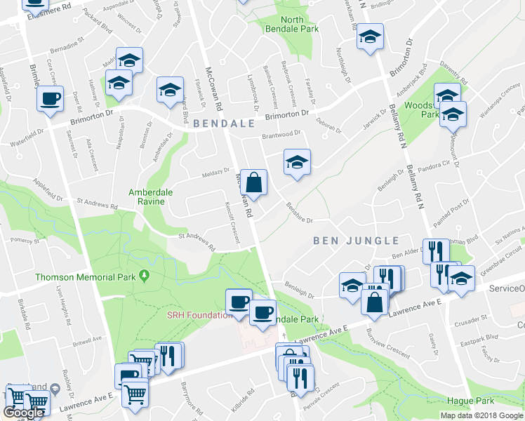 map of restaurants, bars, coffee shops, grocery stores, and more near 2 Brantwood Drive in Toronto