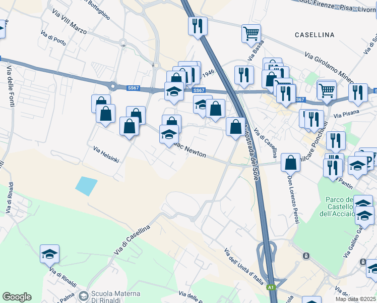 map of restaurants, bars, coffee shops, grocery stores, and more near 21 Via Isaac Newton in Scandicci