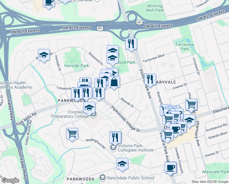 map of restaurants, bars, coffee shops, grocery stores, and more near 1325 York Mills Road in Toronto