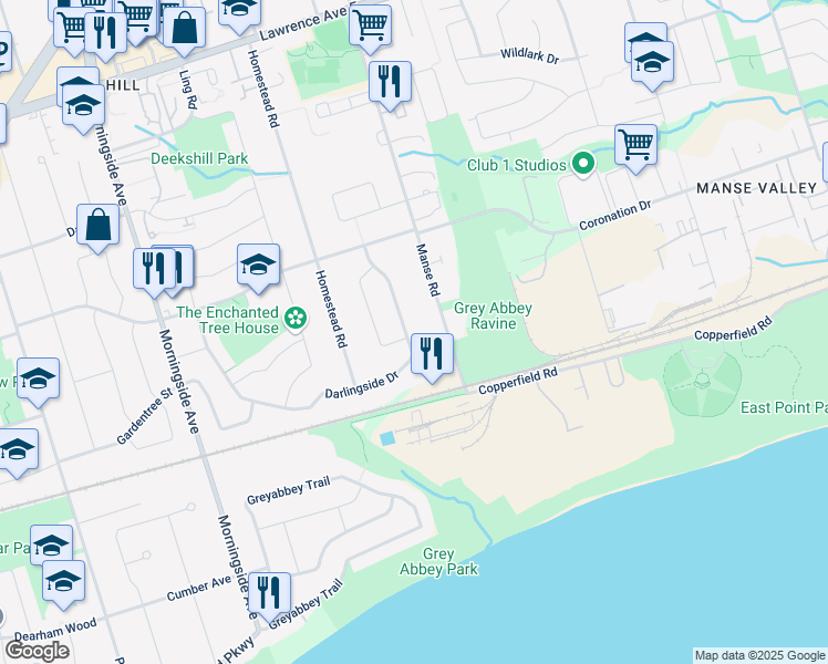 map of restaurants, bars, coffee shops, grocery stores, and more near 157 Darlingside Drive in Toronto