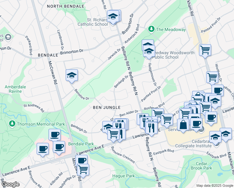 map of restaurants, bars, coffee shops, grocery stores, and more near 50 Benlight Crescent in Toronto