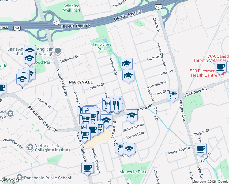 map of restaurants, bars, coffee shops, grocery stores, and more near 33 Alice Crescent in Toronto