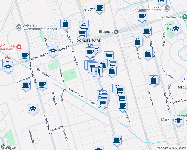 map of restaurants, bars, coffee shops, grocery stores, and more near 1352 Kennedy Road in Toronto