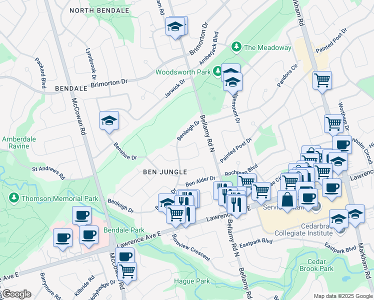 map of restaurants, bars, coffee shops, grocery stores, and more near 46 Benlight Crescent in Toronto