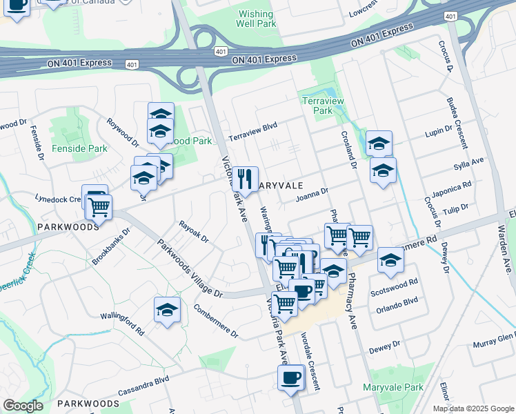 map of restaurants, bars, coffee shops, grocery stores, and more near in Toronto