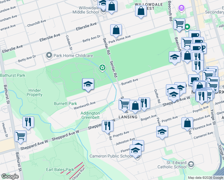 map of restaurants, bars, coffee shops, grocery stores, and more near 55 Addington Avenue in Toronto