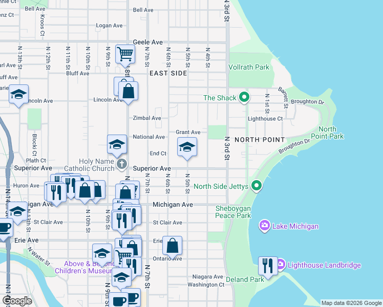 map of restaurants, bars, coffee shops, grocery stores, and more near 1510 North 5th Street in Sheboygan