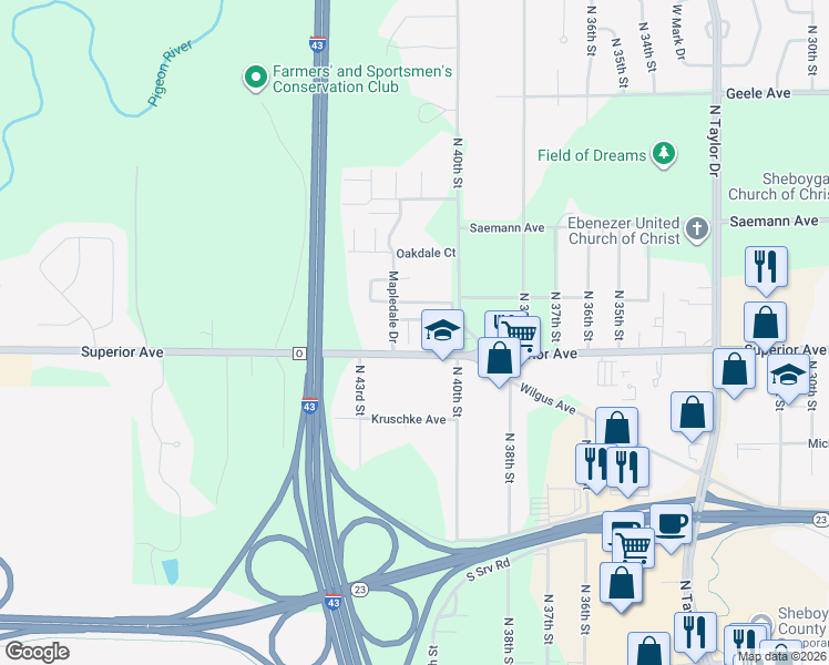 map of restaurants, bars, coffee shops, grocery stores, and more near 1512 Nutmeg Court in Sheboygan