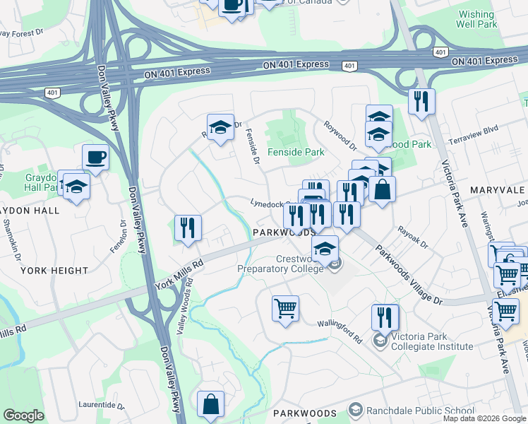 map of restaurants, bars, coffee shops, grocery stores, and more near 76 Fenside Drive in Toronto